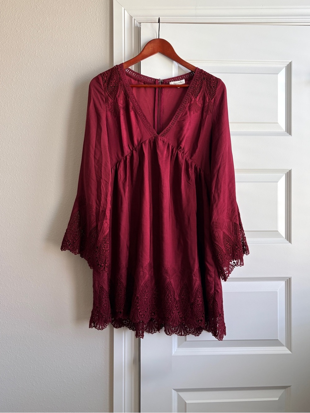 Honey Belle Burgundy Lace Bell Sleeve Boho Mini Dress S